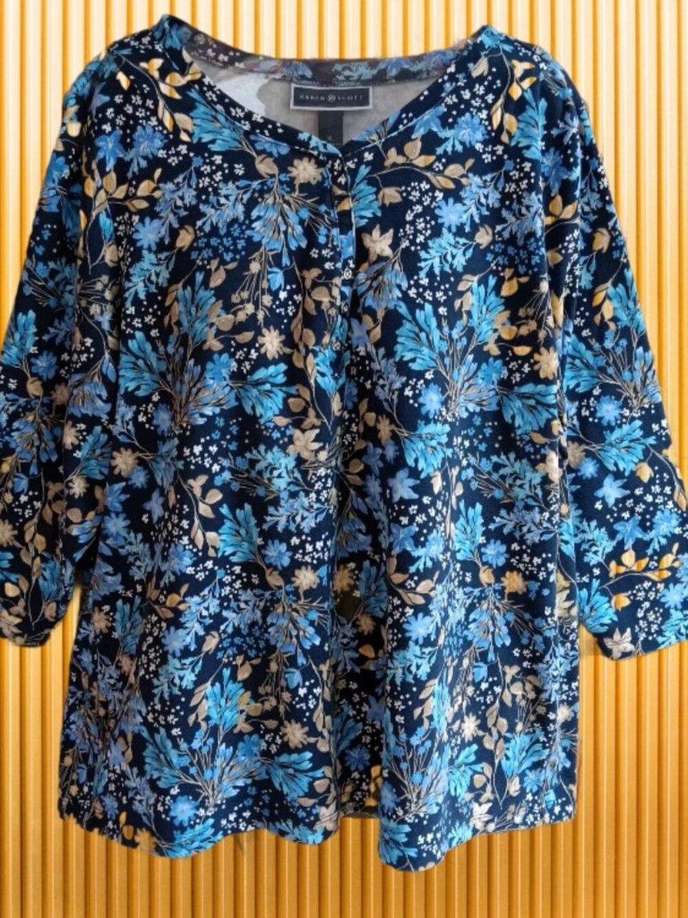 Karen Scott Womens Top Blouse Henley 3/4 Sleeves Blue Floral Print Size XL